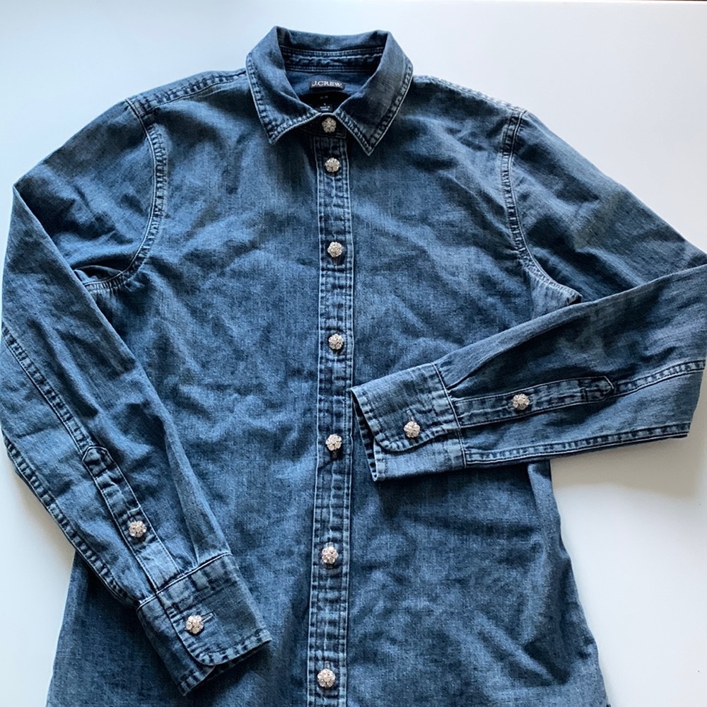 J Crew chambrey shirt with jewel buttons.  Size 0.